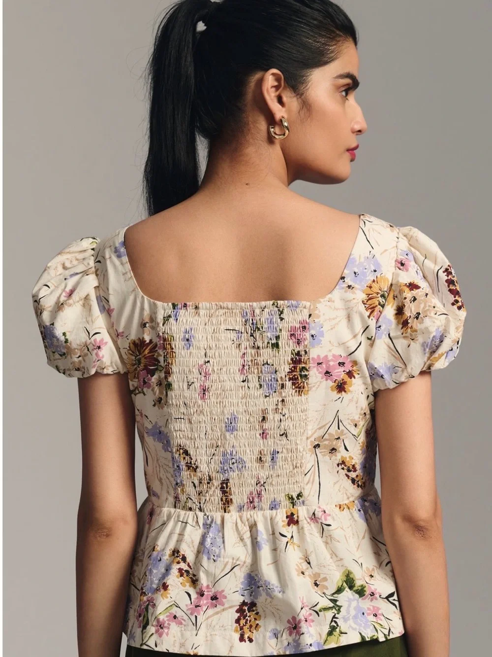 Anthropologie Cream Floral Square-Neck Puff Sleeve Peplum Top